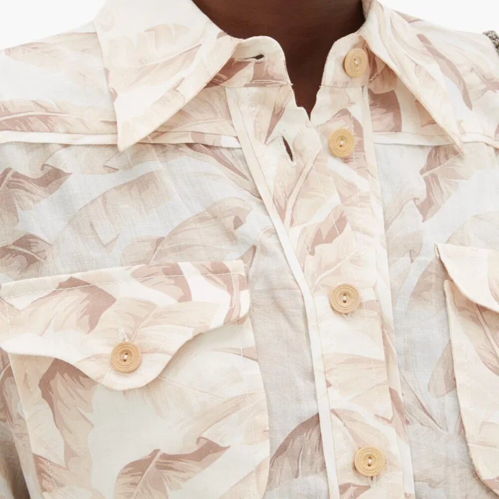 ZIMMERMANN Ramie Shirt Super Eight Leaf-Print size 1 US 6 Tropical Safari Boho - Picture 14 of 15